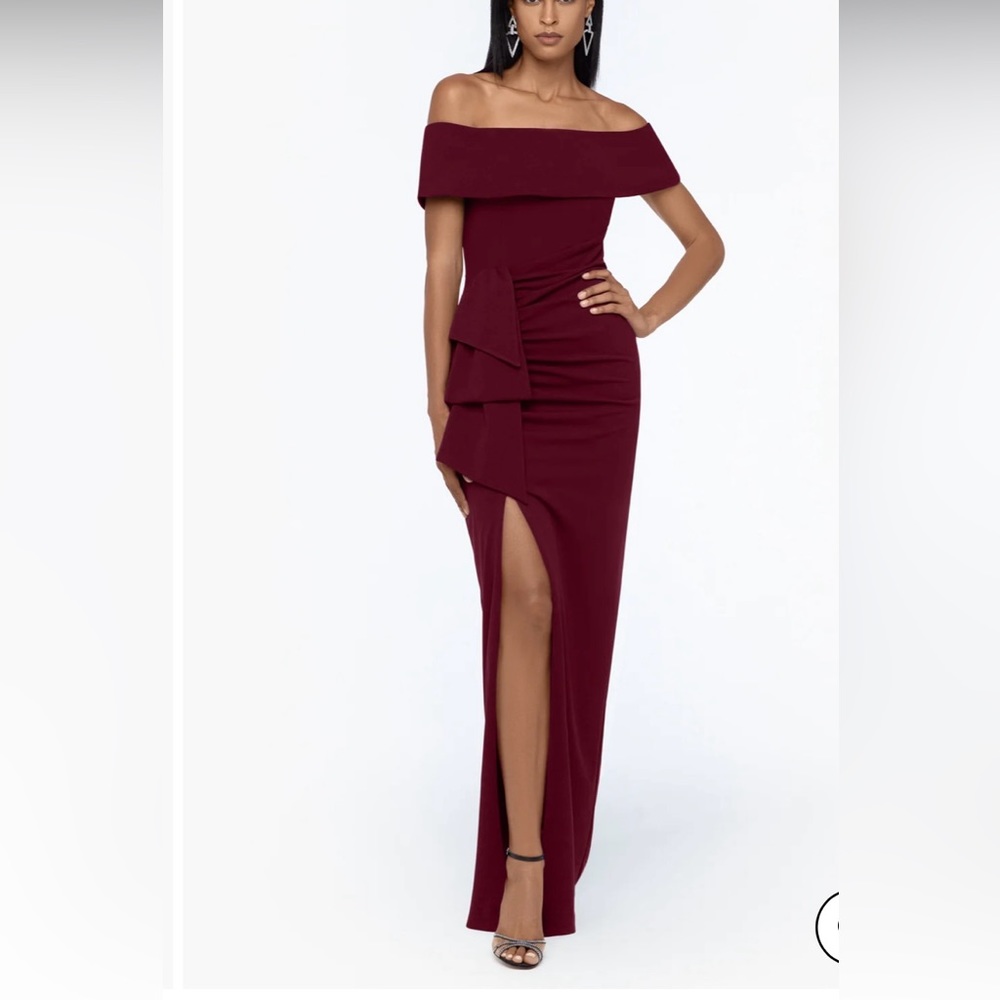 CAMILA" LONG OFF THE SHOULDER SCUBA CREPE DRESS